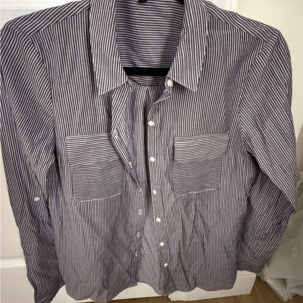 Express Navy and White Striped Casual Shirt